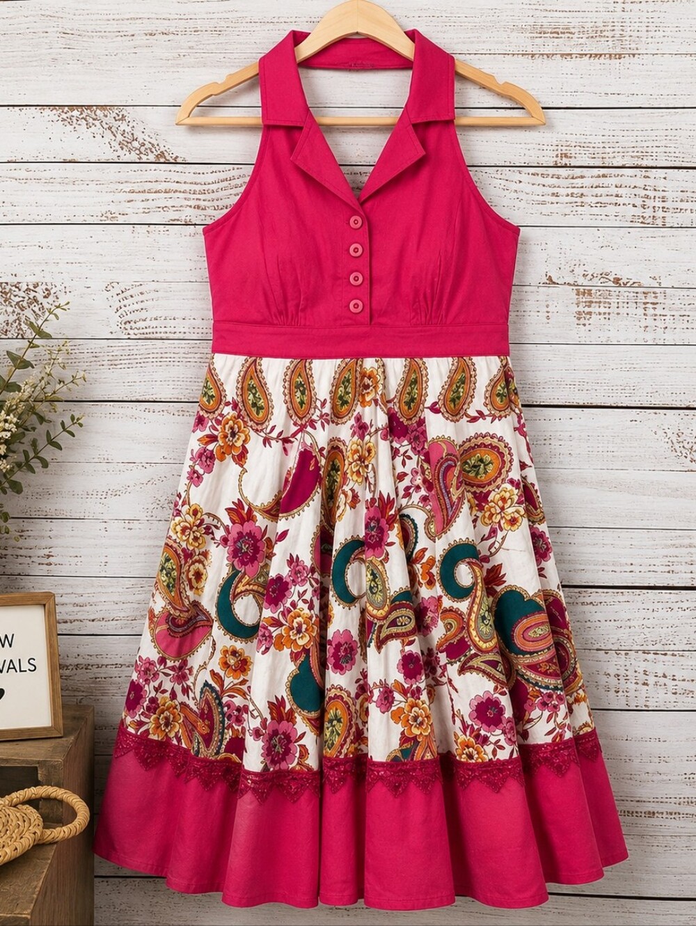 MAGIC‎ SIZE L HALTER TOP SUMMER DRESS HOT PINK PAISLEYS MULTICOLOR VACATION NWT